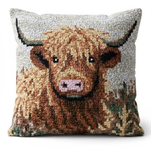 CCWROAN Highland Cow Cushion Covers Craft Kits Animal Latch Hook Kits for Adults Beginners Kids Making Crochet Pre Printed Canvas Wool Yarn Hobbies DIY Sofa Home Decor Women Gift 6