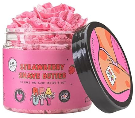 Mallows Beauty Strawberry Shave Butter – Luxuriously Rich, Nourishing Balm with shea butter, coconut oil and vitamin E to Soothe Razor Rash, Ingrown Hairs & Deliver Silky‑Smooth Skin