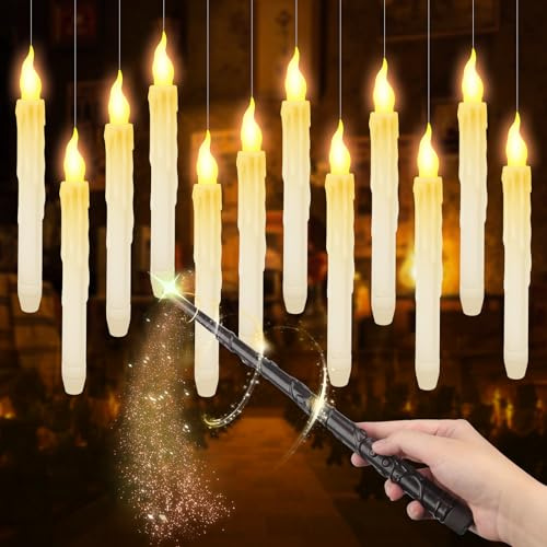 12PCS Flameless Floating Candles with Magic Wand Remote, Hanging Magic Led Candles with Flameless Flickering Warm Light, LED Taper Candles for Wedding Party Christmas Halloween [Energy Class A]