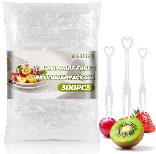 MAQIHAN 300 Disposable Mini Fruit Forks - Plastic Appetizer Forks Mini Cocktail Forks Individually Wrapped Tiny Dessert Forks Cocktail Food Picks Palillos Para Fruta for Party Appetizer Charcuterie