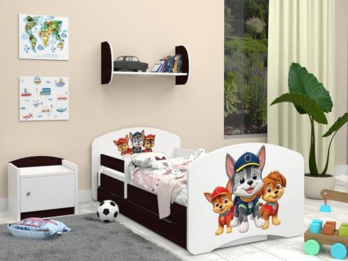 Happy Babies Kinderbett - Mit Matratze & Schublade und Rausfallschutz, 70x140, Mädchen Kinderbetten & Jugendbett Jungen Kids Bed, Jugendbett für Bodentief Ausziehbett Kleinkind, Lattenrost (Wenge)