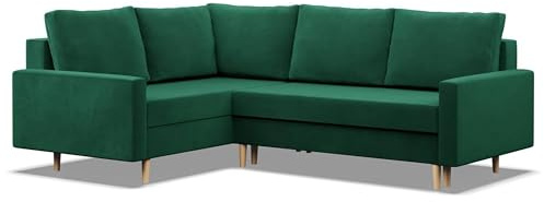 Mebligo - Ecksofa mit Schlaffunktion und Bettkasten Blank, Eckcouch mit Ottomane Links, Sofa L Form 223 x 172 x 88 cm, Couch Wohnzimmer, Ecke Sofa Wohnlandschaft, Schlafsofa - Dunkelgrün