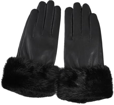 Damen Lammfell Leder Handschuhe mit Bündchen Warme Winter Fahrhandschuhe Lady, Schwarz , S 17cm