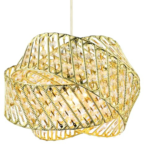 Modern Designer Triple Ring Shiny Gold Metal Pendant Light Shade with Small Clear Acrylic Beads | 21cm x 30cm | Etched Metal Strips by Happy Homewares