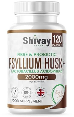 Psyllium Husk 2000mg + 200 Mcfu Lactobacillus Acidophilus Per Serving | Probiotics & Natural Soluble Fiber Supplement | 120 Vegan Capsules - 2 Month Supply | Made in The UK by Shivay Herbals