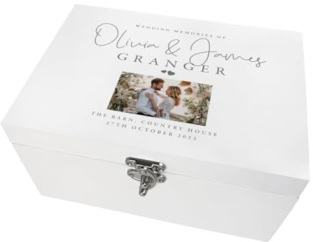 Personalised Photo White Wooden Wedding Keepsake Box | Top Line, Custom Names, Surname, Location and Date | Wedding Gift | 27 x 19 x 14cm