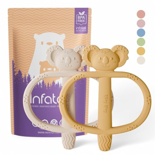 Infatot® Silicone Teething Toys for Baby 2 Pack Koda Koala Bitey – BPA Free Teether for Newborn, Infant & Toddler, Sensory Chew Toy, Easy Hold Hand Teethers 0–6 Months, Teething Relief–Yellow & Cream