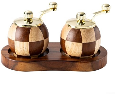 LVYXON Lot de 2 moulins à poivre et sel en bois avec motif échiquier à manivelle pour cuisine, assaisonnement, pot de rangement (deux ensembles + base)