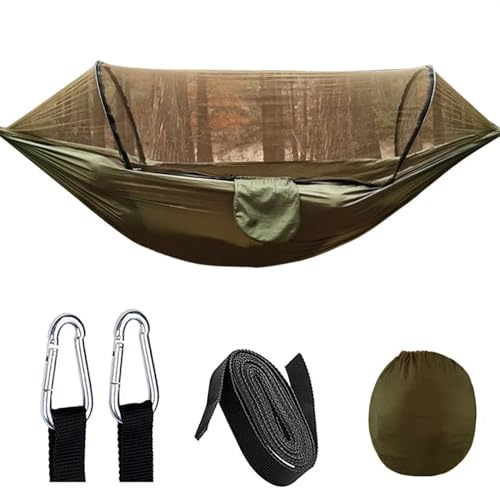 SRKATI Hamac de Jardin Hamaca automática de Apertura rápida con mosquitera, Hamaca para Acampar al Aire Libre, Columpio, Mecedora de Nailon(Army Green)