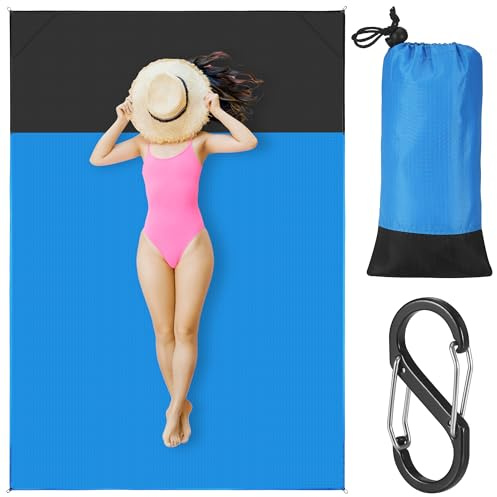 Yimomoyi Picknickdecke mit praktischem Karabiner Ultraleicht ultradünne tragbare Stranddecke, Outdoor Decke für Strand, Picknick, Camping und Wandern 140 x 200 cm (Blau)