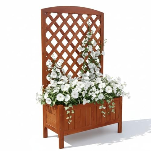 Mucola Rankgitter mit Pflanzkasten Rankhilfe für Kletterpflanzen Holz Braun | Spalier mit Blumenkasten, platzsparend für vertikales Gärtnern, für Blumen und Kräuter, auf Balkon und Terrasse einsetzbar