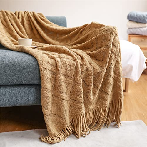 Battilo Cashmere Camel Throw Blanket for Sofa, Soft Knitted Throw Blanket with Tassels, Versatile Decorative Sofa Blanket for Couch, Bed & Living Room(130×200CM)
