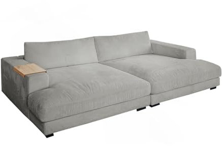 KAWOLA Big Sofa Megasofa Madeline - Couch mit Holztablett für Armlehne, Cord Hellgrau, Luxuriöse Wohnlandschaft