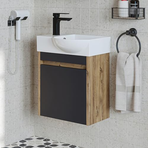 ROOMART Badmöbelset • Leo • Unterschrank mit Waschbecken • Badezimmer Möbel • Gäste WC (Antrazit Eiche, Unterschrank mit Waschbecken(Wasserhahn Links))