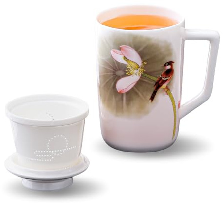 FORESTDREAM Keramik-Teetasse mit Sieb und Deckel, 450ml/15oz, Porzellan Teebereiter mit Berglandschaft Design, 14,5cm Höhe (Elster)