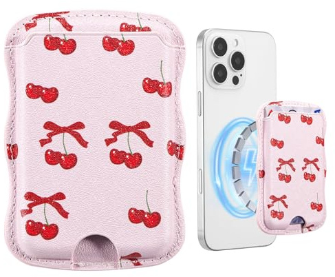 ZCDAYE Magnetic Phone Card Holder MagSafe-Wallet,Leather Wavy Card Case Cute Pattern, RFID Blocking,Slim Women Phone Card Cases Wallet for iPhone 16/15/14/13/12 Series, Fit 3 Cards(Cherry Bow)