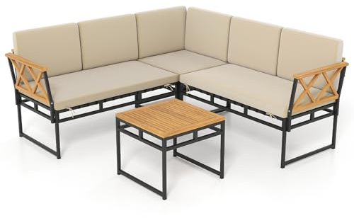 COSTWAY 5 Seater Garden Corner Sofa Set, Acacia Wood Metal L-Shaped Patio Furniture Set with Thick Cushions and Coffee Table, 4-Piece Sectional Outdoor Conversation Table Chairs for Balcony Deck Yard