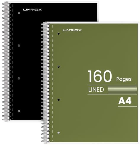 Umriox A4 Notebook, 8 mm Lined Wirebound Notebook with 4-Hole Punch Margins, 160 Pages Premium Paper College Ruled Journal with Perforated Edges, Pack of 2 Notepads - Black+Green