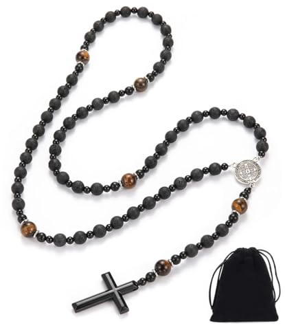 Rosenkranz katholisch Herren Damen Kreuzkette, Rosenkranzkette aus Naturstein, Halskette aus Vulkangestein und Obsidian, für katholische Christen Religiöse Kommunion, Taufe, Messe, Bibel