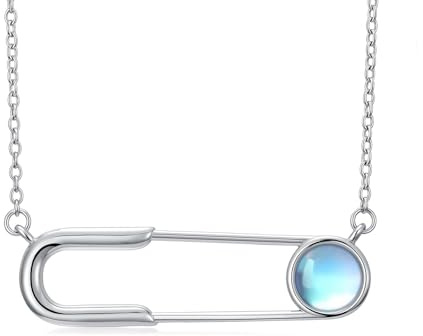 MUUYON Mondstein Sicherheitsnadel Halskette Damen 925 Sterling Silber Schmuck mit Anhänger, Silberkette 45cm + 5cm, Geschenk für Frauen