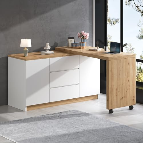 A ALFRESCOOL Escritorio plegable, escritorio con cajones, escritorio de esquina, aparador, con ruedas con freno, tablero giratorio, bloqueo fijo, 120×50×76.5cm (Blanco+Roble)