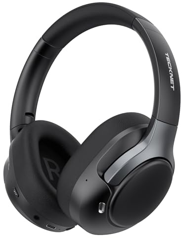 TECKNET Over Ear Kopfhörer Bluetooth mit Hybrid Active Noise Cancelling, Kabellose Bluetooth 6.0 Kopfhörer, 70 Std. Wiedergabezeit, 6 EQ-Modi, 3,5-mm-Audiokabel für Zuhause, Reisen und Büro, Schwarz