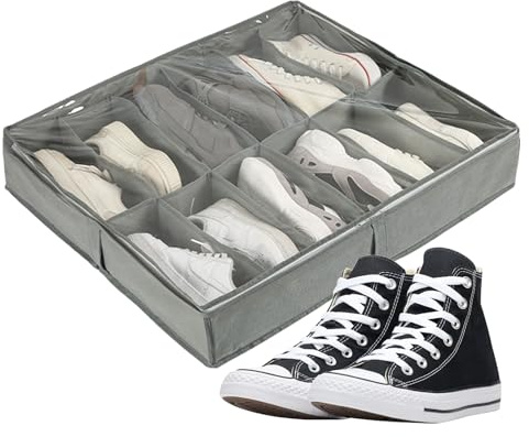 Almacenamiento de zapatos debajo de la cama | Contenedores plegables de tela para zapatos | Almacenamiento debajo de la cama se adapta a 6 pares, separadores de con asas de cubierta transparente