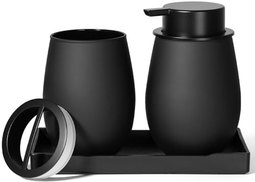 GMISUN Schwarz Badezimmer-Set, 3-teiliges Badezimmer-Zubehör, 350 ml schäumender Seifenspender-Set, Zahnputzbecher und Seifenschale-Set, geeignet für Bad, Waschbecken, Flüssigseifenspender