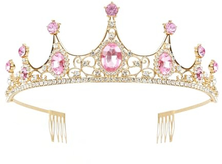 Aribliseza Krone flicka, prinsesskrona och tiara för flickor, rosa diadem med kam, elegant strasshåraccessoar för bröllop, födelsedag och halloweenfest