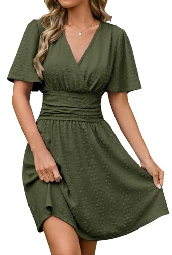 HEEKPEK Abito Estivo Donna Scollo a V Vestito Donna Elegante Manica Corta Casual Vestiti Estivi Corti Mini Abiti Vita Alta Linea A Vestitino Mare da Spiaggia Festa Matrimonio (Verde Militare, M)