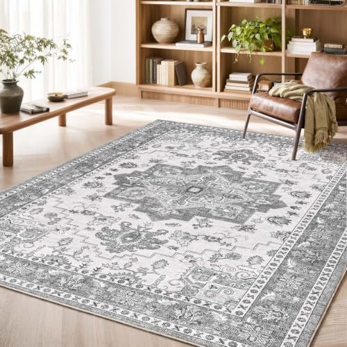 TOPICK Vintage Grey Rugs Living Room, 160x230cm, Washable, Stain Resistant | Cashmere Texture Carpet, Short Pile Large Area Rug for Bedroom, Dining Room, Home, Office, No Slip, Lightweight, Non-Shedding