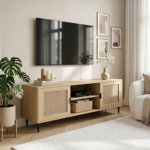 [en.casa] TV Schrank Lukhomso Lowboard mit 2 Türen und 6 Fächern Fernsehschrank 152 x 40 x 54 cm TV Board TV Kommode Fernsehtisch Sideboard Eicheoptik/Rattanoptik