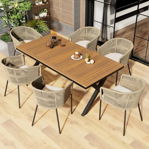 ECLIVON Gartenmöbel Sitzgruppe für 6 Personen, Gartenmöbel Set 7-teilig aus Seil für Garten, Outdoor Möbel mit Tisch, 6 Sessel mit Sitzkissen, Essgruppe Balkonmöbel für Balkon Terrasse (Beige)