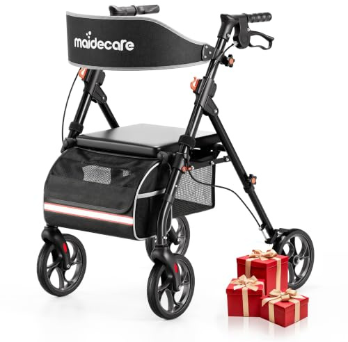 Maidecare Andador con Asiento y Ruedas, Plegable, 4 Ruedas, para Personas Mayores y Discapacitados, Andador para Exteriores/Interiores, Neumáticos Todo Terreno de 20 cm, Mango 6 Alturas, Negro