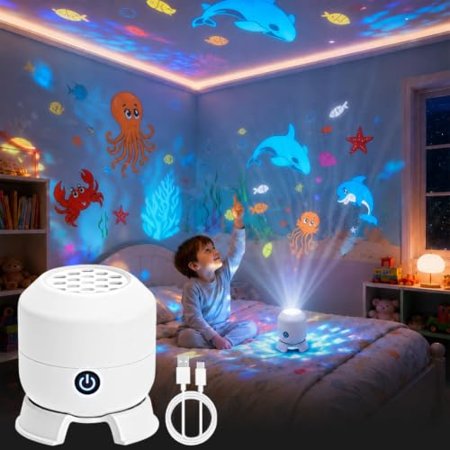 Dynamic Rotating LED Projector Light, Kids Ocean Night Light Projector | Rechargeable Light Projector for Bedroom with 360° Ocean Waves, Birthday Gift for Boys Girls