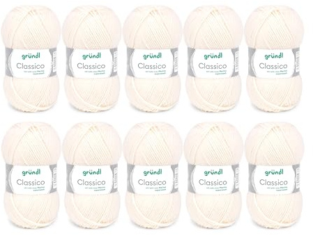 Gründl Wolle Classico Merinowolle Strickgarn - 10 Knäuel 50 g, creme | Dicke Wolle zum Stricken und Häkeln - Weich und hautfreundlich - 50% Merinowolle, 50% Polyacryl 120m - Nadelstärke 3,5 4,5