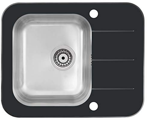 VBChome Glasspüle 62x50 cm Spülbecken Spüle Einbauspüle schwarz Glas gehärtetes Spüle mit Gebürstete Edelstahl Becke (Spülbecken)