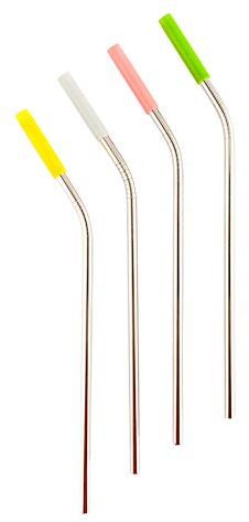 Pajitas Reutilizables Acero Inoxidable (Pack 4) con Cepillo – Pajitas Metálicas Ecológicas, Lavables, Sin BPA – 21,5 cm x 6 mm - Curvadas con marcadores de silicona