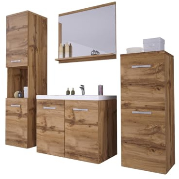 Mirjan24 Badmöbel Set Maja mit Waschbecken und Siphon, Modernes Badezimmer, Komplett, Spiegel, Waschtisch, Hochschrank, Hängeschrank Möbel (Wotan)
