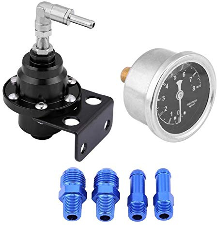 Kit regulador de presión de combustible ajustable Universal Car 160psi Regulador de presión de combustible ajustable 1: 1 Kit de manómetro de aceite Aluminio(negro)