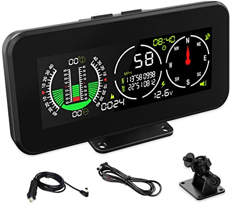 DC10v-30v Inclinómetro digital para automóvil con giroscopio multieje incorporado, ángulo de inclinación con monitoreo de voltaje de la batería e inclinómetro analógico para vehículos todoterreno SUV