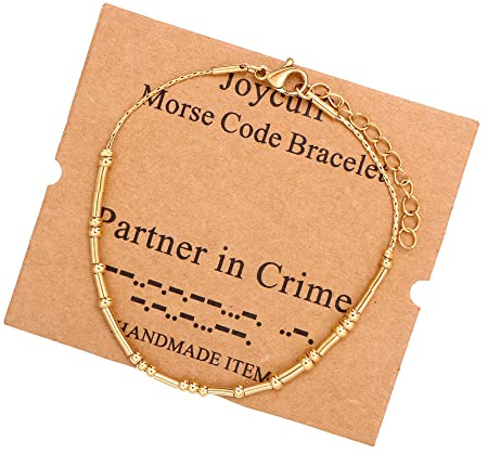 JoycuFF Morse Code Bracelets for Women Partner in Crime Inspirational Gifts for Best Friend Mom Sister Daughter Birthday Mother's Day Christmas Gold Beaded Bracelet Jewelry for Her Unique