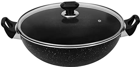 Bartan 27cm Cooking Wok Karahi Kadhai with Glass lid and Spoon, 3-Ply Marble Non-Stick Coating, Aluminium, Suitable for Induction Cookers/Stoves, Cool-Touch Bakelite Handle