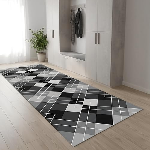 LIKE IT MORE Modern Teppich für Wohnzimmer, Schlafzimmer, Küche und Flur - Waschbarer Rutschfester Teppichläufer - Großer Teppich Läufer Beige Grau Blau Weiß 80x300 (Saturn Grau)