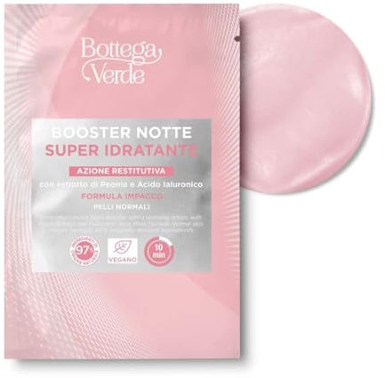 Bottega Verde - Peonia e Acido ialuronico, Booster Notte Monodose, 8 ml, Super Idratante, Azione Restitutiva, con estratto di Peonia e Acido Ialuronico, Formula Impacco, per Pelle Normale