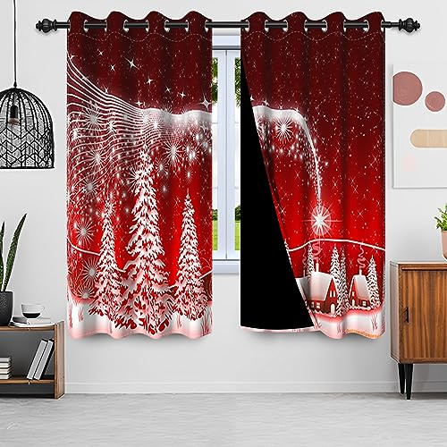 Uiiooazy Tende Natale Oscuranti Rosso Bianche - Albero di Natale e Fiocco di Neve, Termica Isolante Freddo Con Occhielli per Camera da Letto, Interni, Finestra, Soggiorno - 2 Pannelli, 140Lx225Acm
