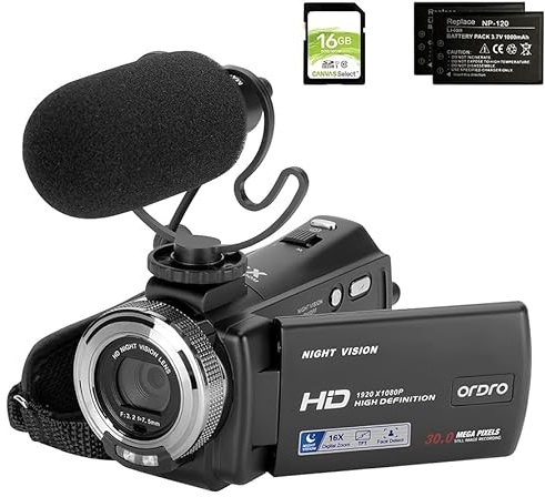 ORDRO V12 Videocamera Full HD 1080P 30FPS Visione Notturna a Infrarossi Schermo LCD da 3,0 Pollici Zoom 16X Videocamere con Scheda SD da 16 GB Telecomando e 2 Batterie