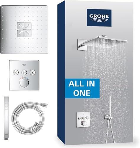 GROHE Precision SmartControl 310, Unterputz Duschsystem (31cm Regendusche mit Thermostat, Kopfbrause 2 Strahlarten, Duschkopf 1 Strahlart, Komplettset, 1,50m Duschschlauch), eckig, chom, 34875000