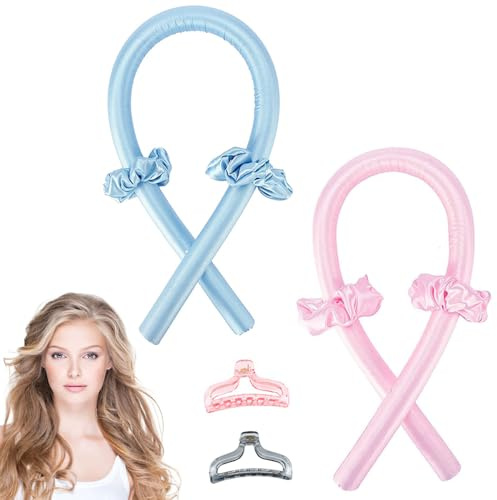 Locken Ohne Hitze, 2 Stücke Heatless Curls Band, Rutschfest Heatless Lockenwickler mit Haarnadel Lockenwickler über Nacht für langes mittleres Haar 100x3 cm Blau Rosa
