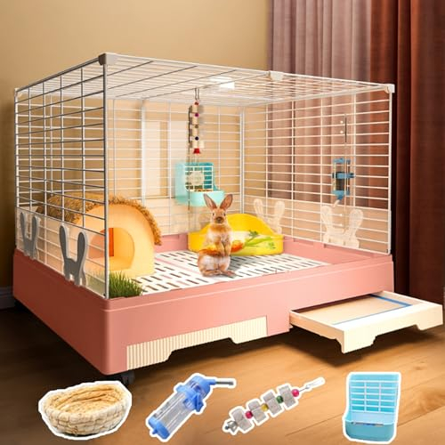 SIDID Kaninchenhaus 2 Eingänge Käfig für Kaninchen mit Ausziehbarem Tablett, DIY Kleintierkäfig mit Rollen, Transparente Acrylscheibe, für Meerschweinchen, Hasen, Katzen(Pink,B)